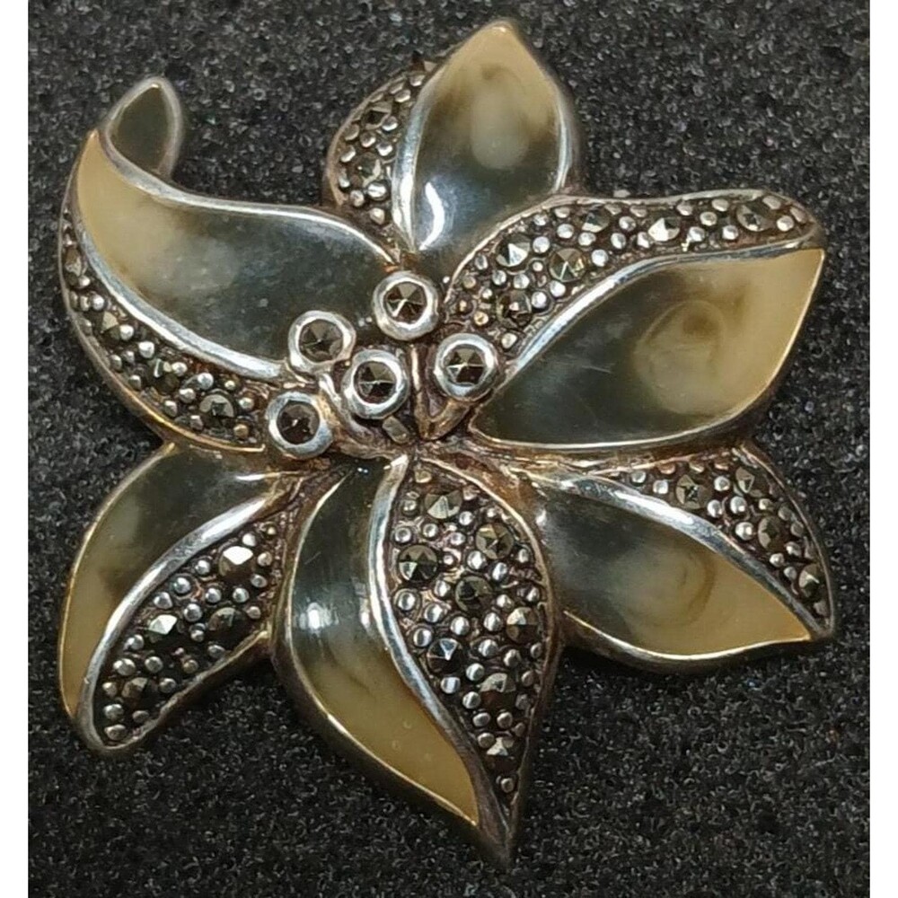 Vintage Sterling Flower Pendant Bone Pearl Inlay Marcasite Thailand